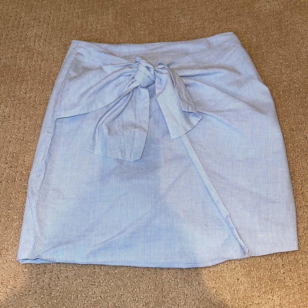 blue and white striped skirt with tie in front
